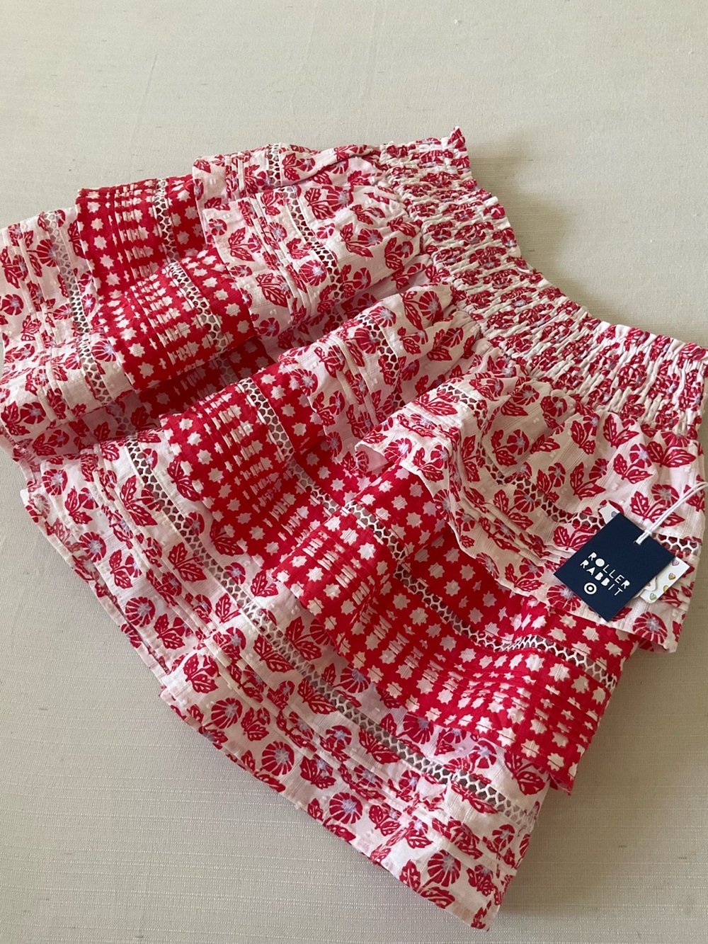 NWT ROLLER RABBIT Red & White Floral Printed Ruffle Layered Mini Skirt Woman XS
